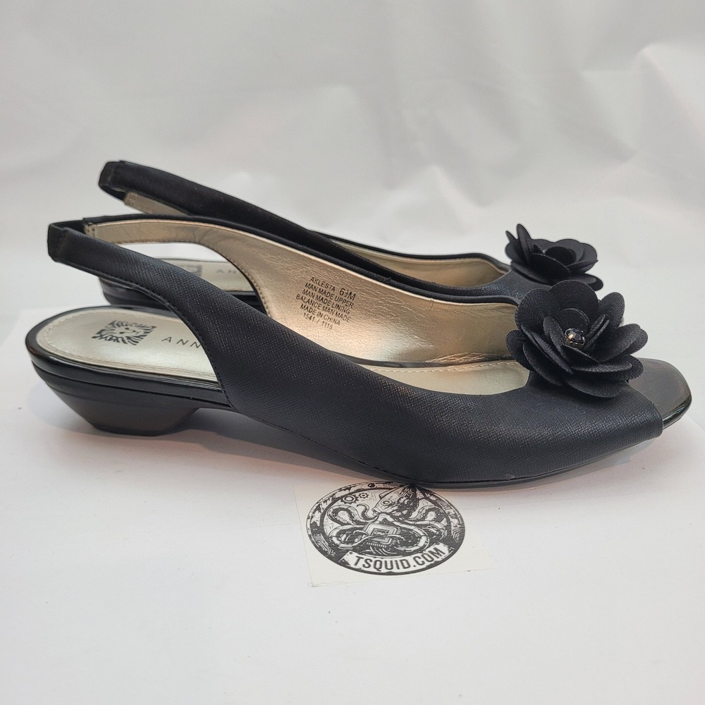 Anne Klein Aklesta Slingback Heels Womens 6.5M Black Peep Toe iFlex Low Heel